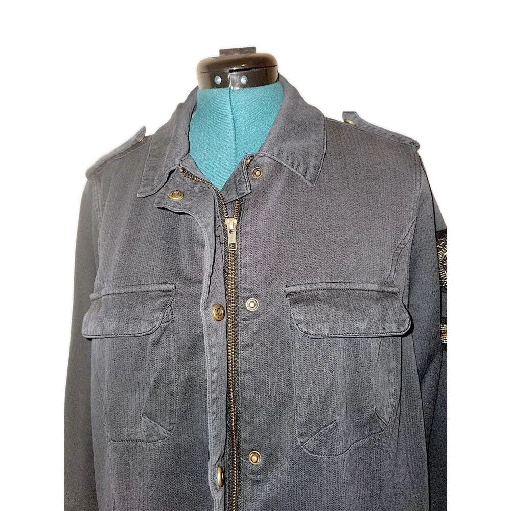 Torrid Jean Jacket Womens Size 2 Black Denim Long Moto Beaded Fray Biker Punk